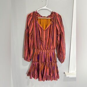 Oliphant Boho Peasant Mini Dress Ruffle Neck Smocked Pink Geometric Tassel XS
